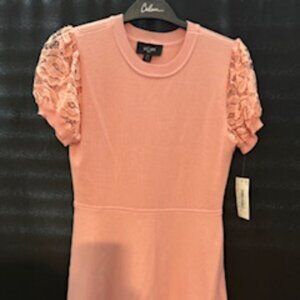 In Girl Pink Knit Dress with Lace Sleeves Size 14